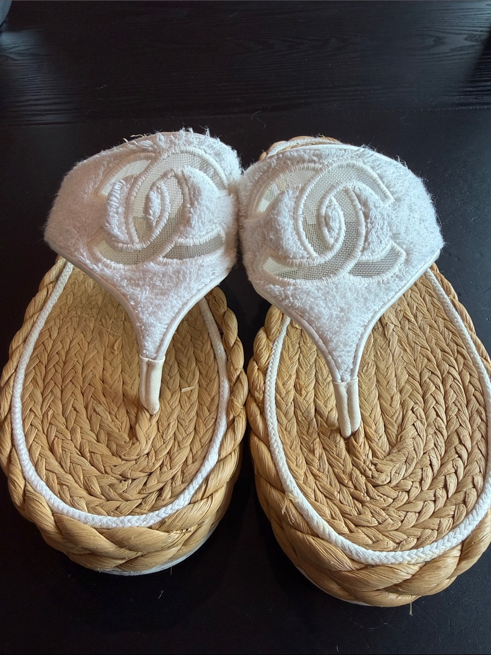 CHANEL White Terry Cloth Logo Thong Sandals with Woven Straw Sole